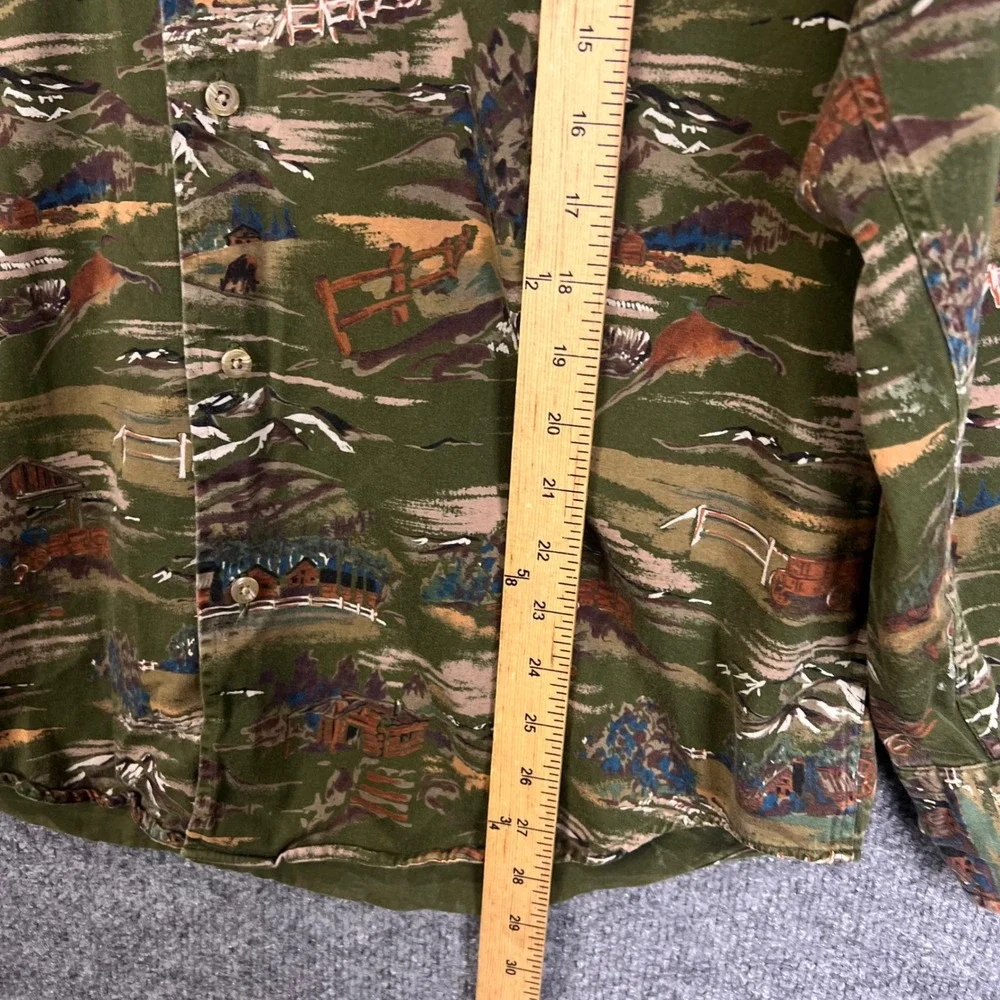 VINTAGE Banana Republic Button Down Mens M Green Scenic Cabin Print Cotton